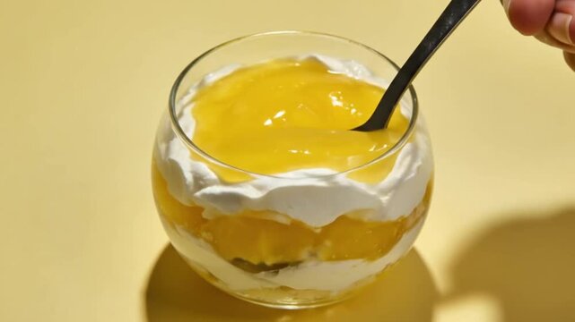 Glass holds layered dessert