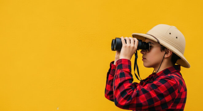 Young Explorer Scouting Future Destinations: Boy with Binoculars on Yellow Background Adventures in Discovery, Child's Curiosity and Exploration