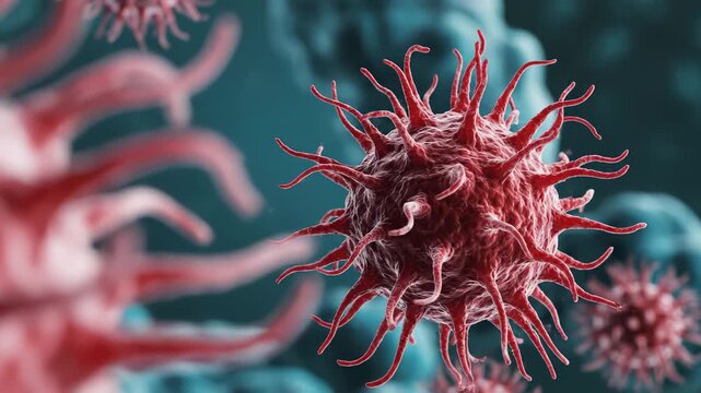Red virus cells with spiky protrusions for commercial backgrounds, digital design, and advertising