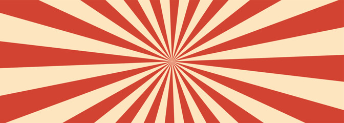 Retro red background with vintage circus sunburst. Psychedelic colorful swirl poster, abstract pattern in 70s carnival style. Hypnotic sunburst vector illustration. © Alfin