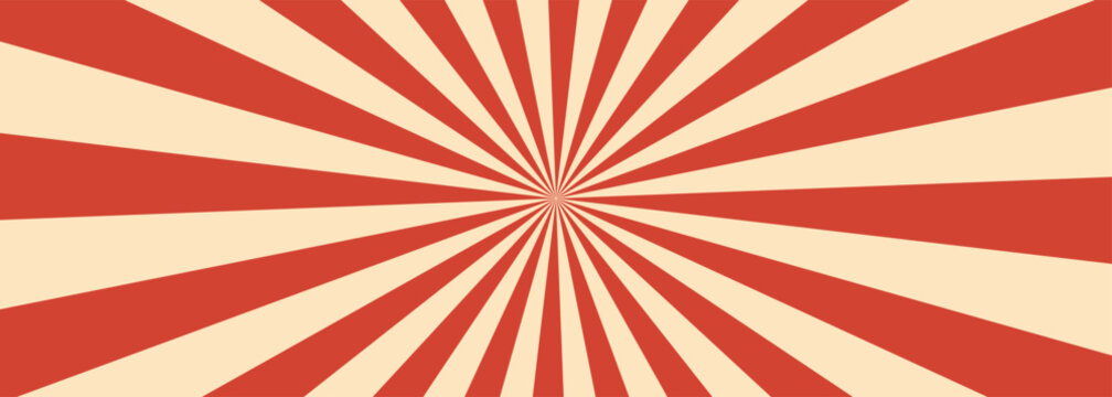 Retro red background with vintage circus sunburst. Psychedelic colorful swirl poster, abstract pattern in 70s carnival style. Hypnotic sunburst vector illustration.