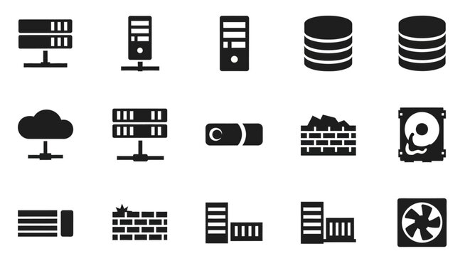 Server, database, and storage icons, 16 black flat symbols, data storage concept, computer servers, cloud computing