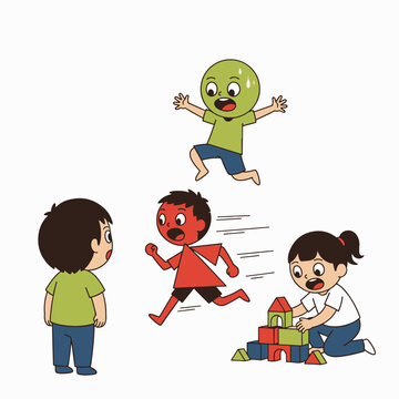 Children Playing and Jumping with Toys and Friends.