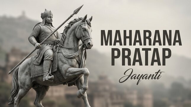 Maharana pratap jayanti indian warrior statue horse monument grayscale heritage tribute concept clean background for poster banner design use