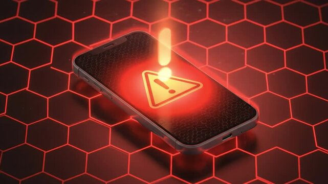 Smartphone Warning Alert Red Light Digital Risk Cyber Security Hexagon Background Dark Screen Alert Icon Glowing Screen Mobile Device Danger Smartphone Warning Screen Dark Display Orange Alert Symbol