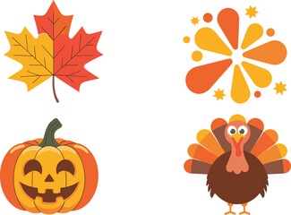 Obraz premium Autumn season icon set featuring maple leaf jack o lantern pumpkin turkey and fall burst for thanksgiving and halloween celebration vector illustration isolated on white background.