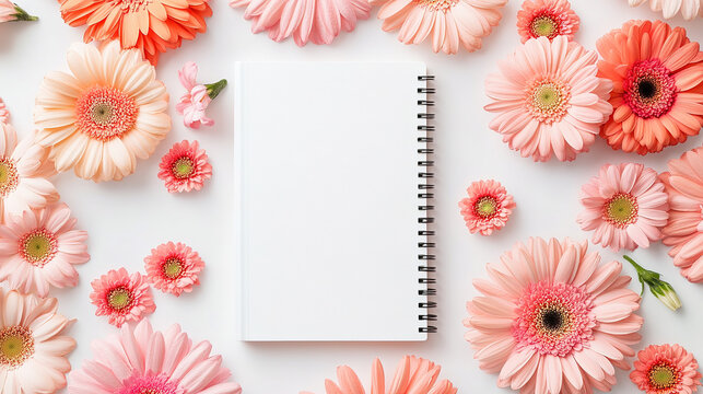 blank notebook on a fresh and artistic background of flowers