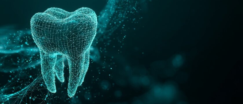 Digital wireframe of a tooth on a dark abstract background