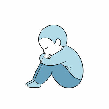 Sad Child Sitting Alone with Head Down and Arms Around Knees.