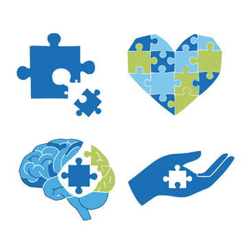 Puzzle Pieces Forming Heart and Brain Symbols.