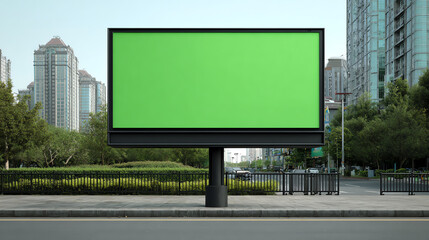 Fototapeta premium A blank green billboard stands prominently in an urban setting, ready for advertisements in a busy city landscape.