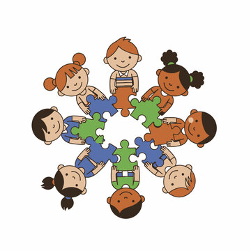 Diverse Children Holding Puzzle Pieces in Circular Formation.