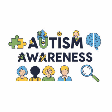 Autism Awareness Illustration with Puzzle Piece Symbols and Diverse Characters.