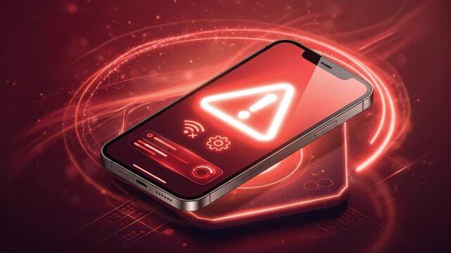 Smart phone red warning alert icon digital screen wireless signal gear icon neon glow cyber security data warning mobile device system red glowing interface digital security concept