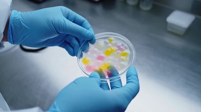 Laboratory Technician Meticulously Inspecting Colorful Bacterial Colonies Under Sterile Conditions With Tools
