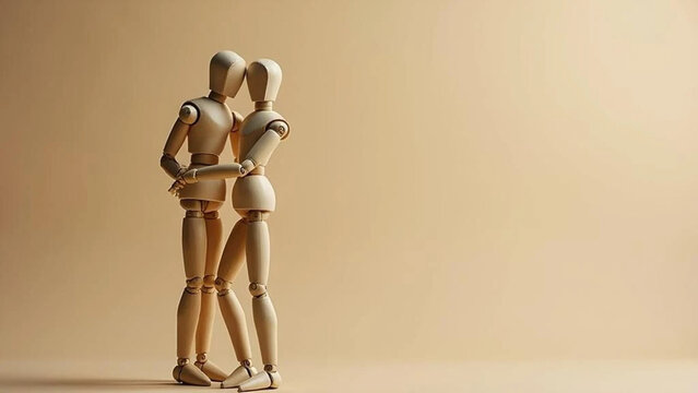 Wooden mannequins hugging each other