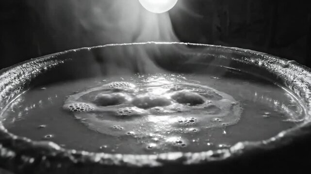 Black and white video of a bubbling cauldron filled with broth lit by a hanging light bulb creating an atmospheric spooky vibe