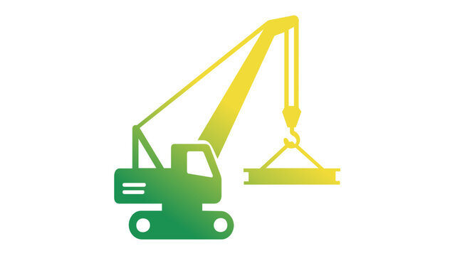 Green and yellow gradient vector icon of a mobile construction crane lifting a steel beam on a white background. Minimalist flat illustration for building, industry, and engineering projects.