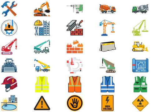 Construction Site Icon Set - 30 Vector Icons Collection, Flat Minimalist Scalable Graphics for Web and Print Design.