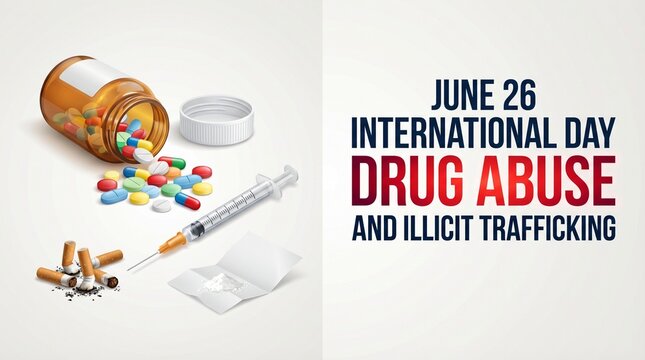 Drug abuse awareness june international day against drug abuse and illicit trafficking with syringe pills and cigarettes prevention campaign banner