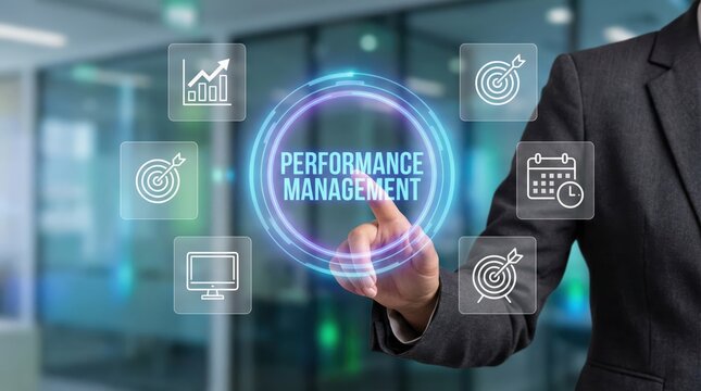 Business person touching a glowing digital interface with performance management text and featuring bar charts targets and calendars in a blurred office environment