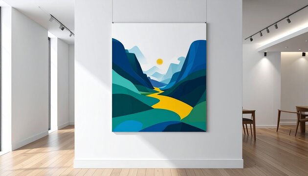 Abstract mountain landscape painting with yellow river and blue sky, wall art