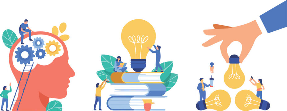 Modern vector illustration showing idea generation learning and growth with characters interacting with brain books and glowing lightbulb icons