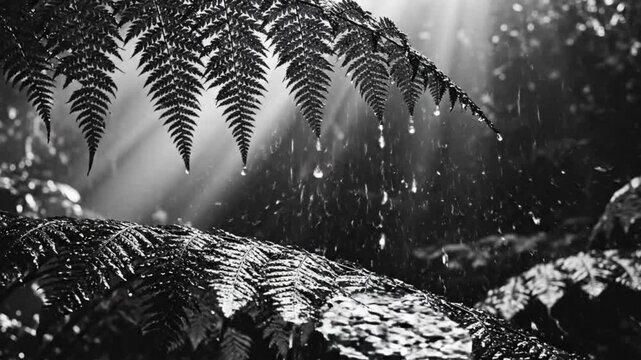 Raindrops falling from fern fronds in a tranquil forest setting with sunlight peeking through