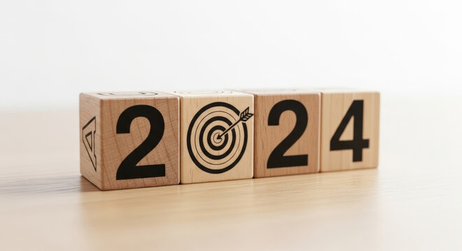 Wooden Blocks With 2024 Year Numerals Target Icon On Wooden Table Surface Background New Year Goal Achievement Business Planning Date Calendar Success