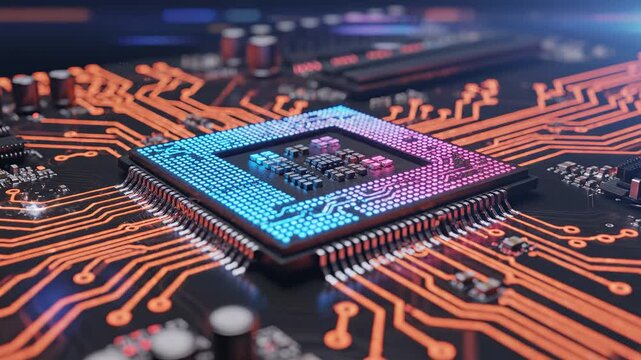 Closeup of a glowing computer chip for tech concepts, digital marketing, and scientific projects