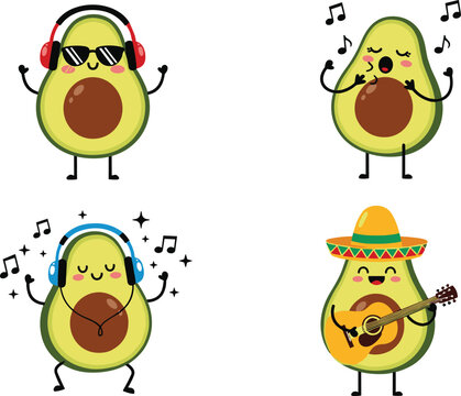 Happy avocado characters dancing and playing guitar with music notes