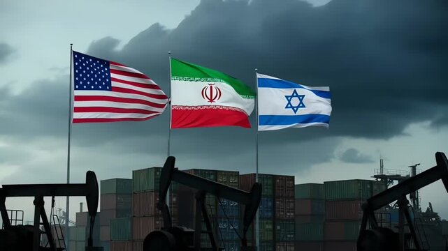 United state america iran israel flag waving in cloudy sky symbolizing geopolitical war conflict and global oil energy crisis impacting trade import export