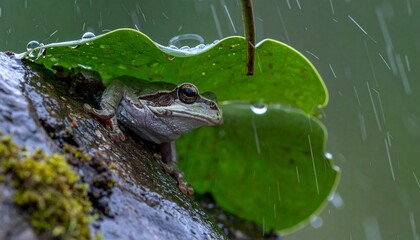 Obraz premium 雨宿りしているカエルの写真