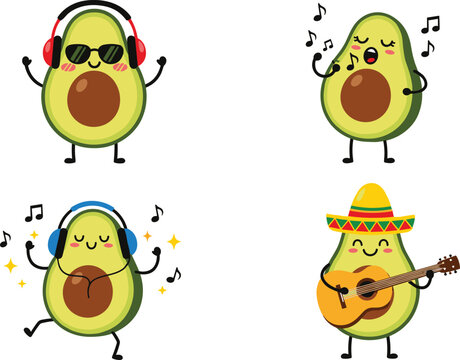Cute cartoon avocados dancing and playing guitar with music notes