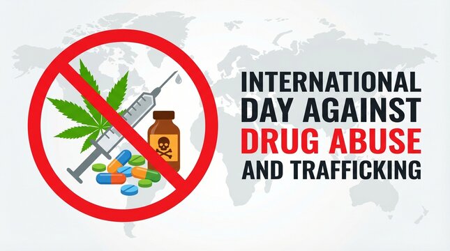 Drug abuse international day against trafficking awareness concept with prohibition sign syringe cannabis leaf pills bottle global campaign design