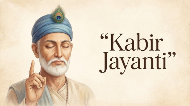 Kabir jayanti festival india saint portrait pointing gesture spiritual wisdom teaching calm expression traditional culture greeting design