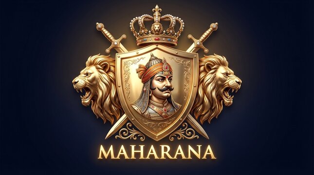 Maharana pratap royal emblem shield with lion symbol swords crown golden illustration indian history pride heritage banner template for celebration design