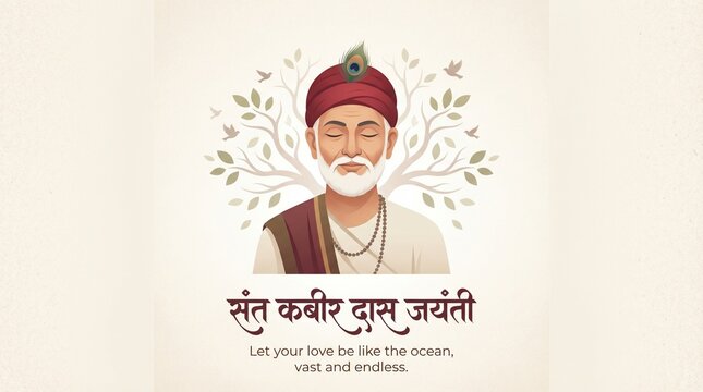 Kabir jayanti festival india saint portrait tree background spiritual wisdom quote calm meditation traditional culture greeting design