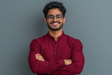 Fototapeta premium Young man with glasses and a red shirt stands confidently with his arms crossed.