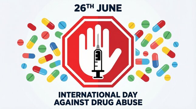 Drug abuse awareness campaign concept showing stop symbol with syringe and medicine pills for international prevention day healthcare poster design