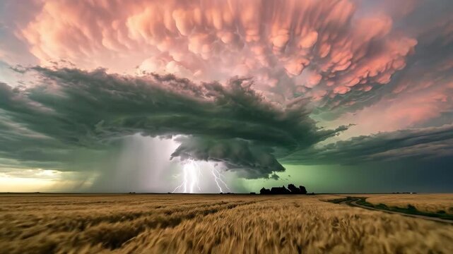 A supercell thunderstorm photographed from a flat prairie at dusk shows the storm's rotating wall cloud descending from the main updraft base, green-tinted sky beneath