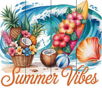 Vibrant summer beach scene with tropical elements and surfboard