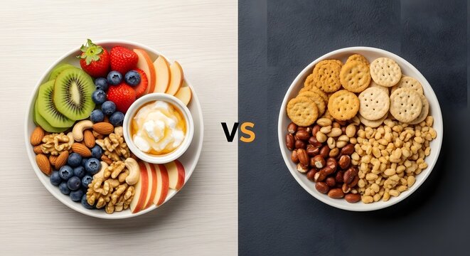 Healthy fruit and nut snack bowl versus processed crackers and snack mix bowl