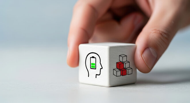 Stress Management and Mental Energy Block Concept with Hand Holding White Cube Representing Mindfulness, Self Care, Balance, and Well Being