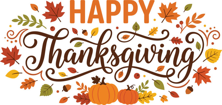 Happy Thanksgiving greeting with pumpkins and colorful autumn leaves and swirls on transparent background