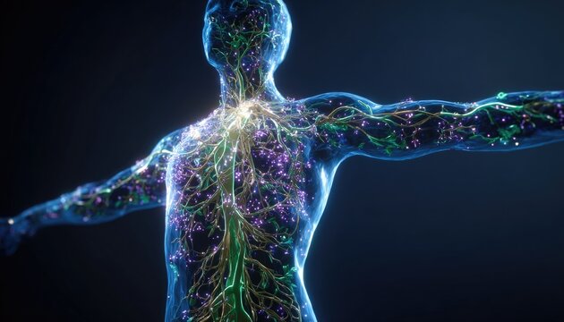 A stylized 3D render of the lymphatic system glowing within a transparent human body, immune system health, educational, dark background with neon highlights