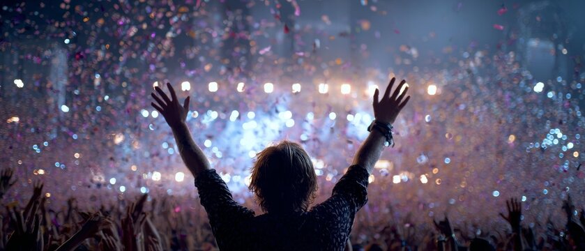 Excited crowd enjoying live concert with vibrant confetti and lights