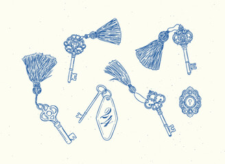 Keys with fringe collection drawing in retro style with blue on light background © anna42f