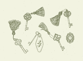 Keys with fringe collection drawing in retro style with green on light background © anna42f