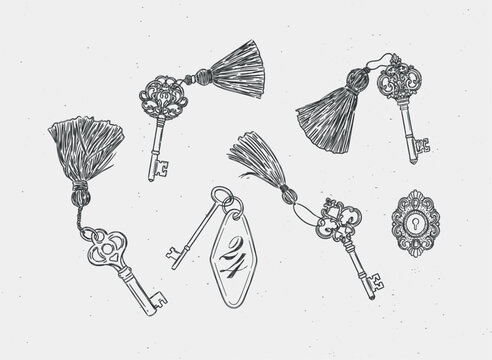 Keys with fringe collection drawing in retro style with black on light background